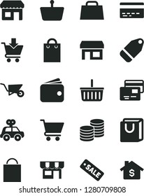 Solid Black Vector Icon Set - paper bag vector, grocery basket, bank card, motor vehicle present, building trolley, cart, put in, with handles, cards, kiosk, coins, label, stall, shopping, wallet