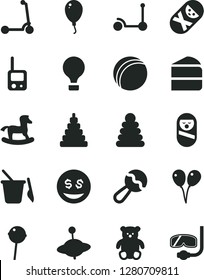 Solid Black Vector Icon Set - beanbag vector, bath ball, stacking rings, toy, roly poly doll, tumbler, phone, children's sand set, small teddy bear, yule, rocking horse, colored air balloons, child