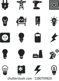Solid Black Vector Icon Set - lightning vector, matte light bulb, concrete mixer, drill, power socket type b, electronic boiler, charge level, big solar panel, pole, plug, thermal plant, processor