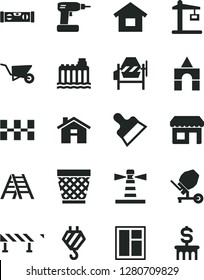 Solid Black Vector Icon Set - house vector, wicker pot, box of bricks, dwelling, hook, building trolley, concrete mixer, window, cordless drill, ladder, level, ceramic tiles, putty knife, road fence