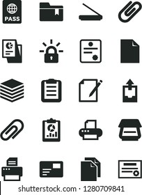 Solid Black Vector Icon Set - clip vector, clean sheet of paper, upload archive data, folder bookmark, passport, pile, pass card, notes, statistical overview, research, printer, scanner, encrypting