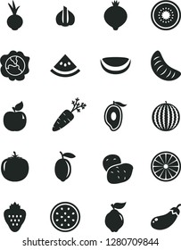 Solid Black Vector Icon Set - beet vector, strawberry, squash, quince, apricot, medlar, water melon, half of mango, slice tangerine, lemon, kiwi, passion fruit, orange, piece coconut, persimmon