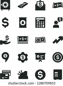 Solid Black Vector Icon Set - growth up vector, strongbox, cards, oil, denomination of the dollar, get a wage, cash, engineer calculator, cashbox, financial report, gold bar, coin, gear, money mail