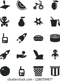 Solid Black Vector Icon Set - wicker pot vector, car child seat, toy phone, mobile, children's sand set, small yule, bicycle, canned goods, apple pie, cabbage, slice of water melon, lemon, rocket