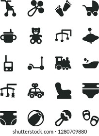 Solid Black Vector Icon Set - toys over the cradle vector, cot, mug for feeding, diaper, nappy, beanbag, baby rattle, chair, stroller, sitting, bath ball, children's bathroom, motor vehicle present