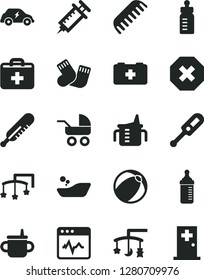 Solid Black Vector Icon Set - mark of injury vector, first aid kit, toys over the cradle, cot, mug for feeding, measuring cup, bottle, baby carriage, electronic thermometer e, mercury, bath ball