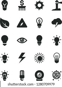 Solid Black Vector Icon Set - lightning vector, matte light bulb, eye, storm cloud, lens, leaf, mercury, coastal lighthouse, electricity, dollar column, idea, sun, disco ball