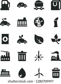 Solid Black Vector Icon Set - bin vector, drop, bag with handles, apple stub, leaves, leaf, gas station, windmill, factory, oil, hydroelectric, hydroelectricity, industrial building, electric car