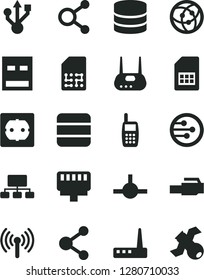 Solid Black Vector Icon Set - power socket type f vector, SIM card, connection, connections, scheme, mobile phone, usb, router, network, connect, lan connector, wireless, big data, satellite