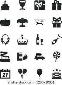 Solid Black Vector Icon Set - daily calendar vector, colored air balloons, balloon, gift, torte, birthday cake, lollipop, glass, pumpkin, giftbox, wine, champagne, car baggage, hotel, beach