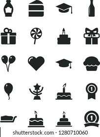 Solid Black Vector Icon Set - colored air balloons vector, balloon, cake, birthday, heart, gift, square academic hat, piece of, slice, lollipop, bottle, Glass, star cup, graduate, medal with pennant
