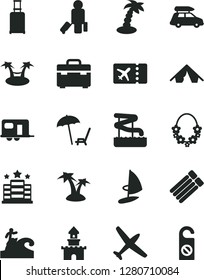 Solid Black Vector Icon Set - suitcase vector, sand castle, plane, car baggage, camper, passenger, rolling, ticket, tent, arnchair under umbrella, palm tree, hawaii wreath, aquapark, surfing, hotel