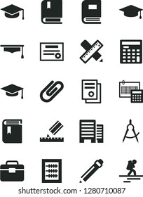 Solid Black Vector Icon Set - graphite pencil vector, book, new abacus, e, portfolio, buildings, writing accessories, drawing, calculation, square academic hat, clip, scribed compasses, graduate