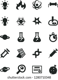 Solid Black Vector Icon Set - planet vector, flask, atom, dna, bulb, biohazard, flame, artifical insimination, sun panel, saturn, syringe, stopwatch, patente, resistor, bang, flag on moon