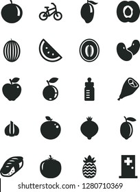 Solid Black Vector Icon Set - feeding bottle vector, grill chicken leg, sushi, orange slice, half apricot, red apple, medlar, blueberry, melon, mango, tangerine, lemon, delicious, pineapple, garlic