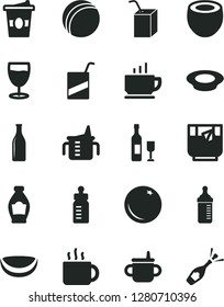 Solid Black Vector Icon Set - mug for feeding vector, measuring cup, bottle, bath ball, e, packing of juice with a straw, coffee, plate milk, tea, coffe to go, glass, orange, piece coconut, half