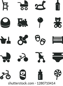 Solid Black Vector Icon Set - baby cot vector, dummy, feeding bottle, measuring for, diaper, bib, stroller, carriage, sitting, roly poly doll, toy sand set, a chair child, teddy bear, rocking horse