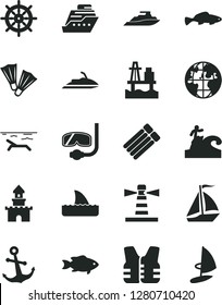 Solid Black Vector Icon Set - anchor vector, small fish, sea port, lighthouse, planet, sand castle, sail boat, beach, flippers, diving mask, surfing, handwheel, life vest, jet ski, cruiser, yacht