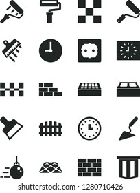 Solid Black Vector Icon Set - paint roller vector, brickwork, brick wall, big core, building trowel, new, power socket type f, tile, ceramic tiles, block, putty knife, spatula, fence, pavement