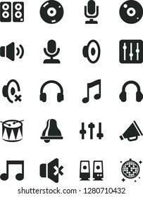 Solid Black Vector Icon Set - bell vector, desktop microphone, horn, loudspeaker, silent mode, drum, music, regulator, volume, no sound, cd, headphones, pc speaker, note, settings, disco ball