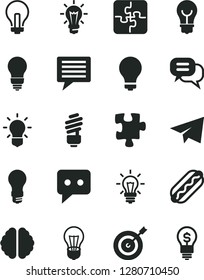 Solid Black Vector Icon Set - image of thought vector, matte light bulb, incandescent lamp, paper airplane, Puzzle, Puzzles, saving, Hot Dog, think, brain, target, dialog, idea