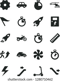 Solid Black Vector Icon Set - truck lorry vector, lightning, stopwatch, wind direction indicator, motor vehicle, child Kick scooter, dangers, timer, marine propeller, retro car, rocket, space