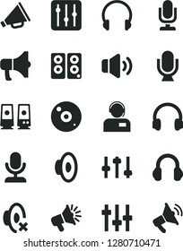 Solid Black Vector Icon Set - desktop microphone vector, horn, loudspeaker, silent mode, headphones, regulator, volume, operator, megaphone, cd, pc speaker, settings