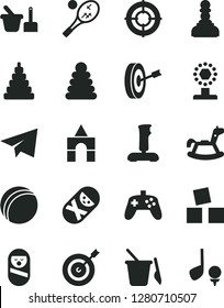 Solid Black Vector Icon Set - paper airplane vector, bath ball, stacking rings, toy, roly poly doll, tumbler, sand set, children's, rocking horse, cubes for children, box of bricks, joystick, cup