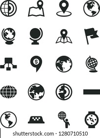 Solid Black Vector Icon Set - minus vector, map, globe, flag, planet, Earth, geolocation, hierarchical scheme, core, man hold world, dollar pin, taxi, compass