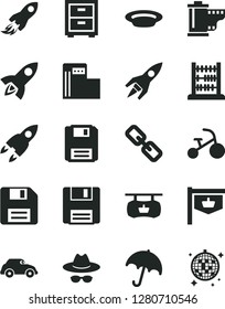 Solid Black Vector Icon Set - floppy disk vector, spectacles, hat with glasses, camera roll, bedside table, tricycle, abacus, umbrella, plate, modern gas station, retro car, vintage sign, disco ball