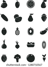 Solid Black Vector Icon Set - lettuce in a plate vector, cucumber, beet, pineapple, pear, raspberry, tasty, mulberry, delicious plum, sweet date fruit, yellow lemon, half of passion, tamarillo