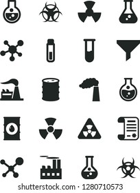 Solid Black Vector Icon Set - round flask vector, manufacture, factory, oil, barrel, industrial building, radiation, filter, research article, test tube, molecule, nuclear, biohazard