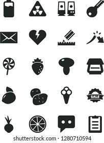 Solid Black Vector Icon Set - envelope vector, key, drawing, broken heart, mushroom, beet, lollipop, cone, raspberry, yellow lemon, slice of, potato, charge level, a crisis, sale, think, scanner