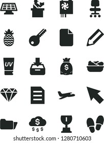 Solid Black Vector Icon Set - key vector, put in a box, lettuce plate, pineapple, pencil, dollars, pc power supply, folder, chair, cursor, file, sun panel, award, diamond, money rain, plane