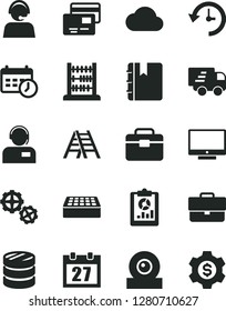 Solid Black Vector Icon Set - daily calendar vector, briefcase, abacus, gears, ladder, portfolio, brick, notebook, screen, cards, operator, column of coins, statistical overview, Express delivery