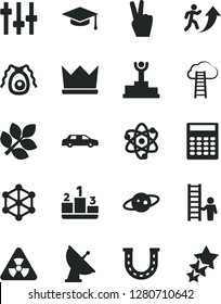 Solid Black Vector Icon Set - pedestal vector, atom, nuclear, settings, bactery, graduate hat, calculator, satellite antenna, saturn, biology, 3d cube, winner podium, man arrow up, with ladder, luck