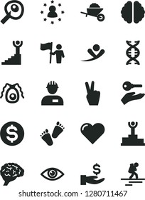 Solid Black Vector Icon Set - children's tracks vector, workman, garden trolley, heart, eye, dollar, get a wage, dna, brain, bactery, artifical insimination, winner podium, stairway, man hold flag