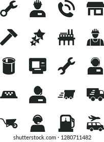 Solid Black Vector Icon Set - builder vector, workman, building trolley, hammer, phone call, operator, gas station, industrial enterprise, pipes, stall, dispatcher, urgent cargo, Express delivery