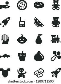 Solid Black Vector Icon Set - Child T shirt vector, baby rattle, toy phone, teddy bear, small, funny hairdo, train, pizza, piece of meat, pepper, fried potato slices, popcorn, fish, fig, ripe guava
