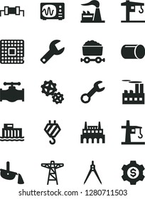 Solid Black Vector Icon Set - repair key vector, crane, hook, valve, factory, hydroelectric station, power pole, industrial building, gears, tower, processor, pipe, steel production, oscilloscope