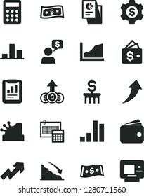 Solid Black Vector Icon Set - growth up vector, calculation, bar chart, recession, statistical report, wallet, dollar, research, calculator, cashbox, graph, arrow, column, gear, money dialog, atm