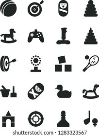 Solid Black Vector Icon Set - rubber duck vector, bath ball, stacking rings, toy, roly poly doll, tumbler, sand set, rocking horse, small, cubes for children, box of bricks, joystick, cup, pawn, aim