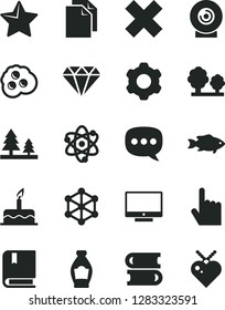 Solid Black Vector Icon Set - clean paper vector, cross, cake, e, books, cogwheel, star, index finger, screen, lens, fish, omelette, bottle, trees, forest, speech, atom, 3d cube, diamond