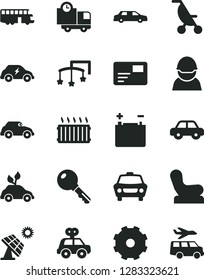 Solid Black Vector Icon Set - truck lorry vector, toys over the cot, Baby chair, summer stroller, motor vehicle, present, key, car, pass card, delivery, big solar panel, accumulator, racer, electric