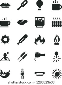 Solid Black Vector Icon Set - electronic thermometer vector e, mercury, temperature, coffee, mini hot dog, noodles, pie, chop, barbecue, chili, cup of tea, a glass, bottle soda, cast iron radiator
