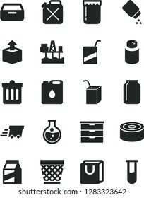 Solid Black Vector Icon Set - wicker pot vector, storage unit, powder, baby, e, packing of juice with a straw, dust bin, drawer, bag handles, package, unpacking, canned goods, jam, round flask, oil