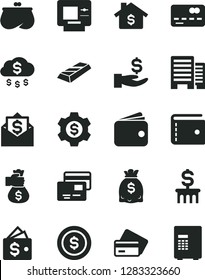 Solid Black Vector Icon Set - purse vector, buildings, cards, front of the bank card, get a wage, wallet, dollars, gold bar, money bag hand, rain, dollar coin, mortgage, column, gear, mail, atm