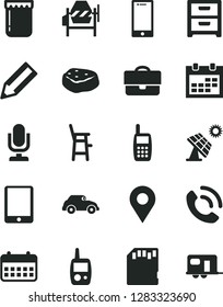 Solid Black Vector Icon Set - desktop microphone vector, calendar, toy mobile phone, a chair for feeding child, concrete mixer, smartphone, nightstand, call, piece of meat, jam, big solar panel