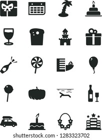 Solid Black Vector Icon Set - balloon vector, cake, birthday, gift, Easter, Chupa Chups, lollipop, glass, pumpkin, wall calendar, giftbox, sand castle, wine, champagne, car baggage, hotel, beach
