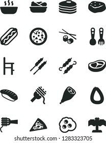 Solid Black Vector Icon Set - a chair for feeding vector, plastic fork spoons, stick of sausage, pizza, piece, Hot Dog, spaghetti, noodles, porridge, lettuce in plate, grill chicken leg, bacon